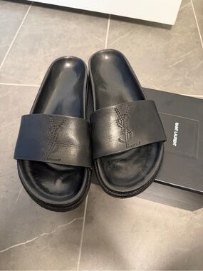 Saint Laurent Black Leather Logo Slide Sandals